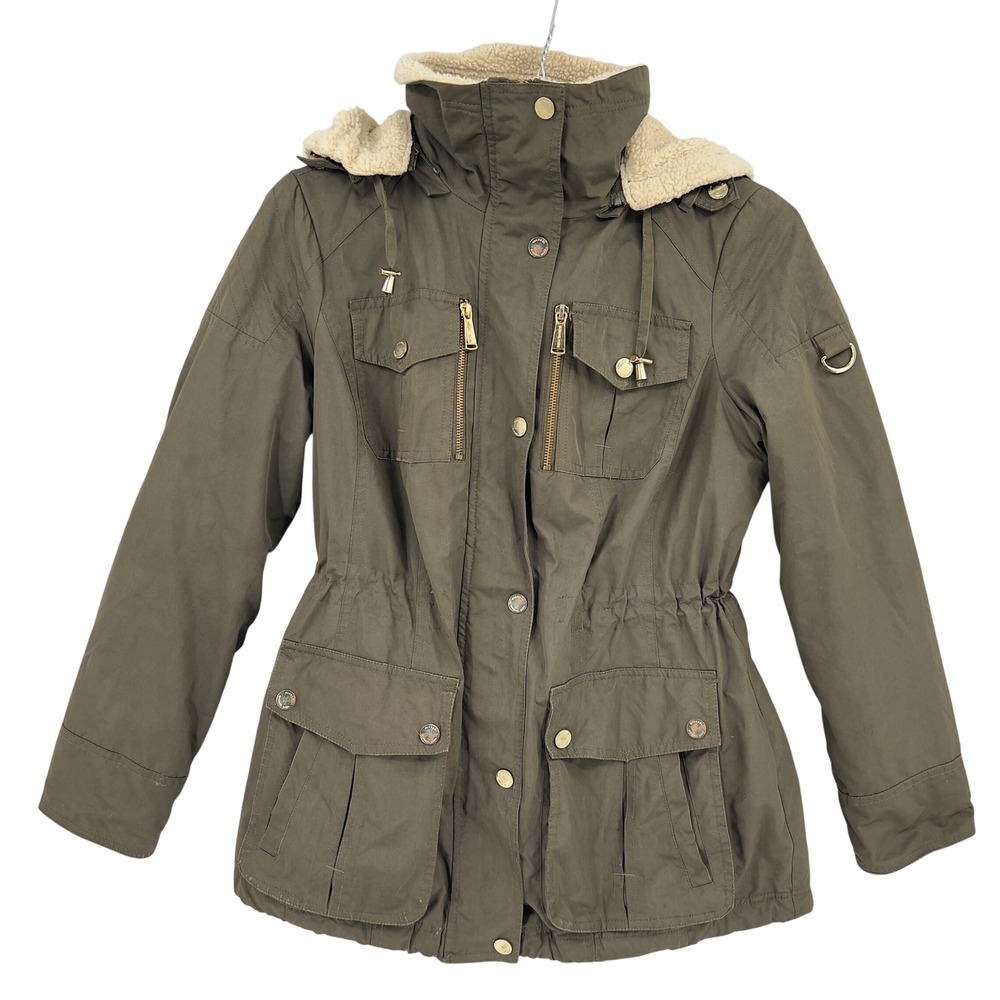 Michael Michael Kors Womens M Anorak Jacket Olive Green Faux Shearling Parka